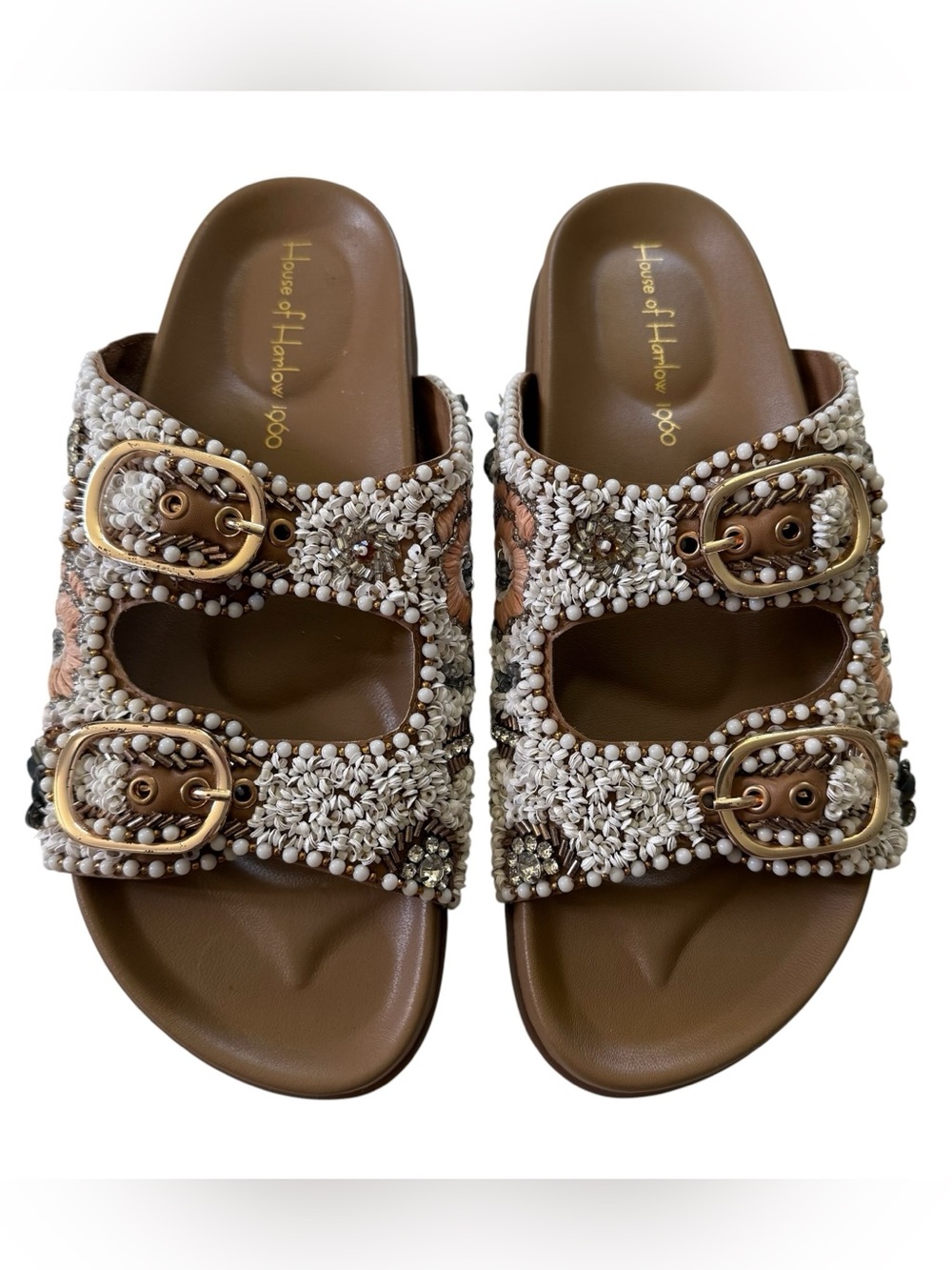 House of Harlow 1960 Brown Beaded Double-Buckle Slide Sandals Size 9 Leather